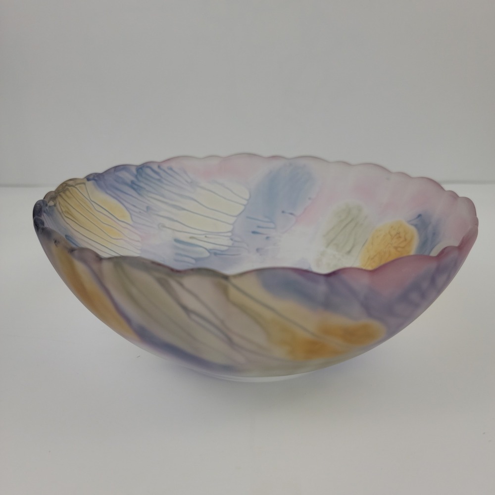 Arcoroc USA Frosted Glass Bowl Pastel Abstract Swirl Scalloped Rim 9 inch